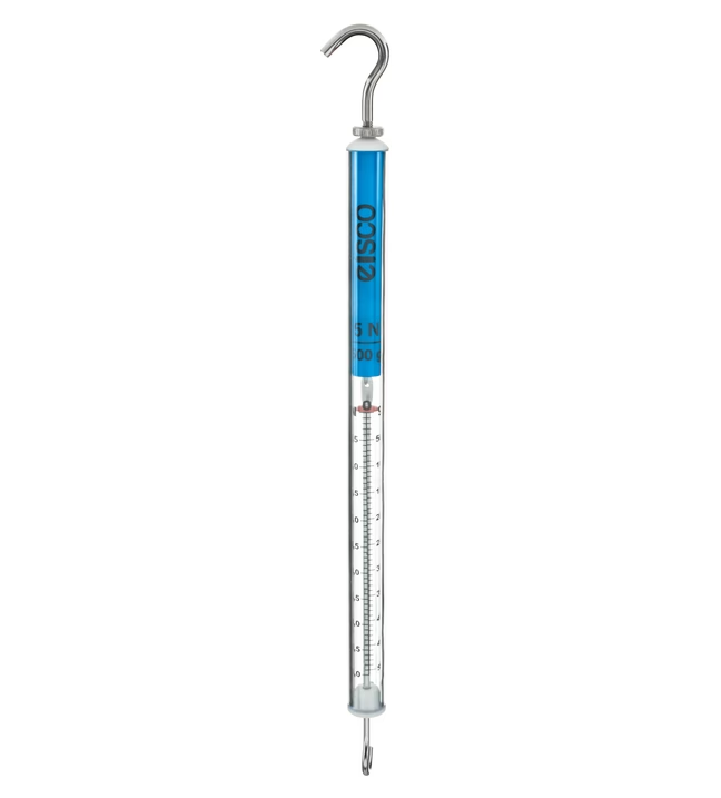 Kraftmesser in transparenter Plexiglashülse, blau ,Messbereich: 5 N, Newton-Skala Nullpunktkorrekturs