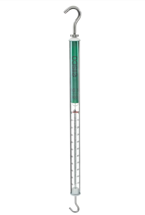 Kraftmesser in transparenter Plexiglashülse, grün,Messbereich: 10 N, Newton-Skala Nullpunktkorrektur